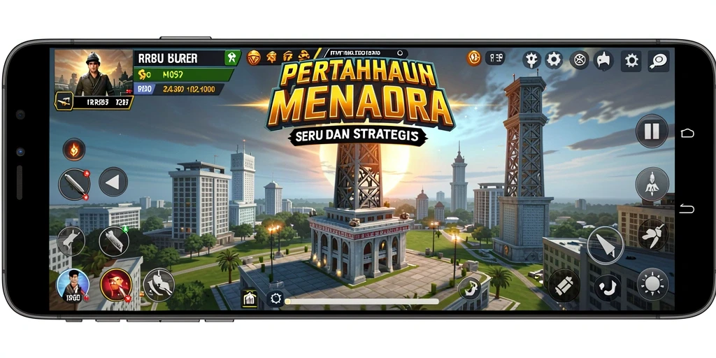 Screenshot gameplay RR89 menampilkan menara bertahan dari serangan musuh.